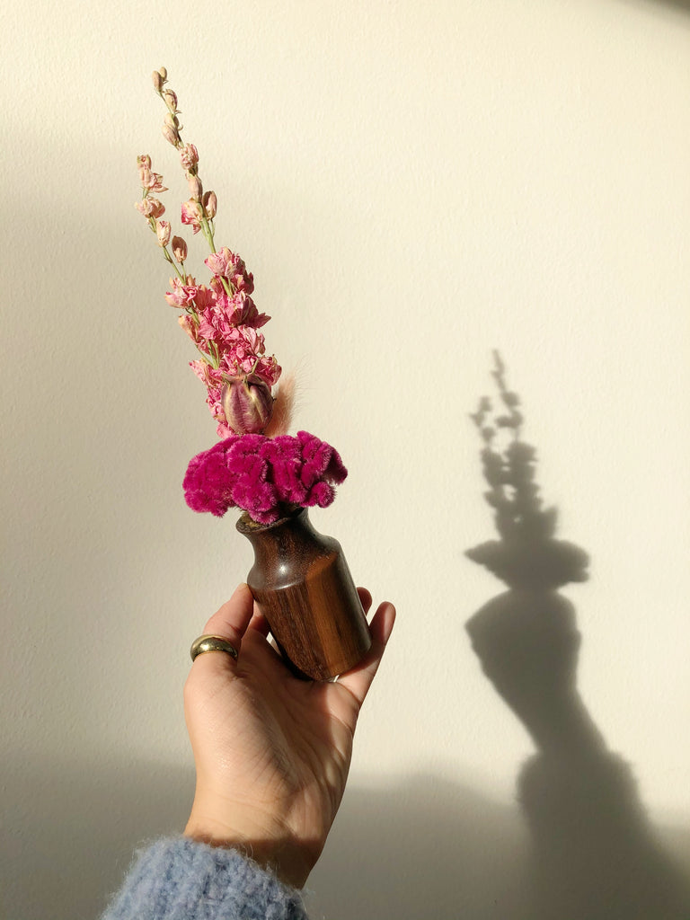 mini dried flower arrangement and wood bud vase made in california